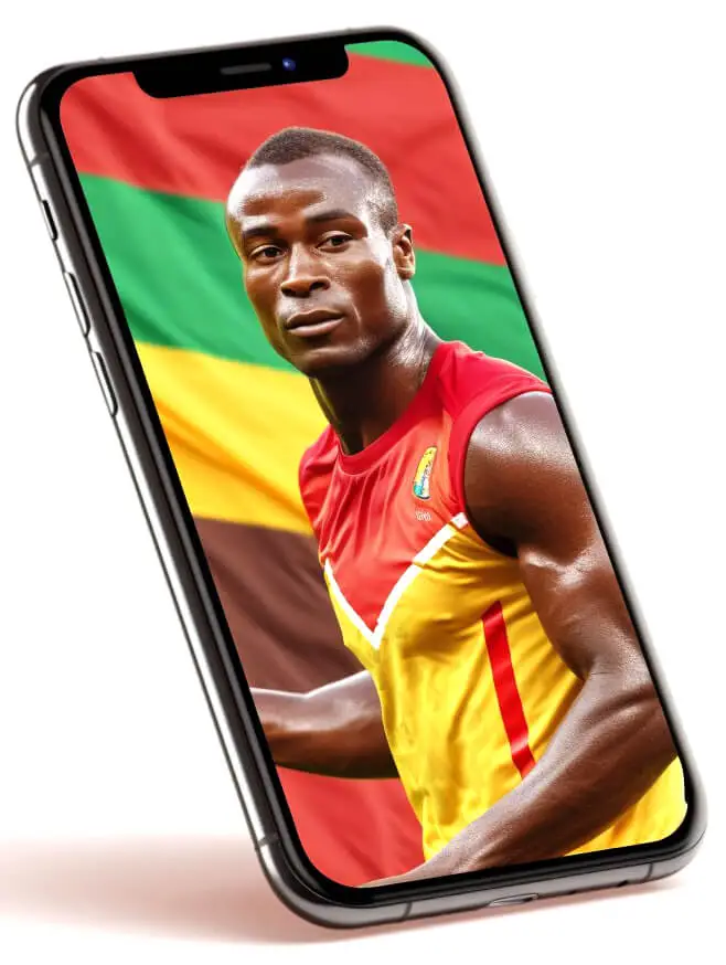 mobile phone showing an athlete in the national colors of Cameroon